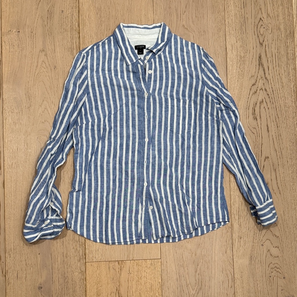 J.Crew 100% Linen Blue & White Striped Button-Down – Size M